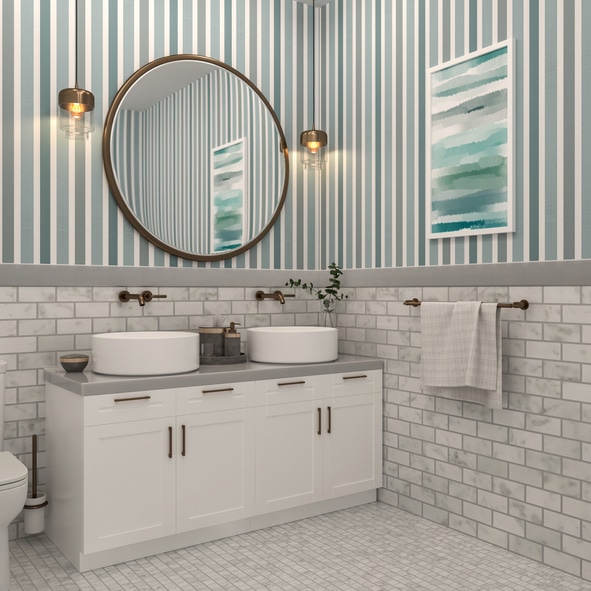 New bathroom vanity with new sinks, bathroom tile and mirror